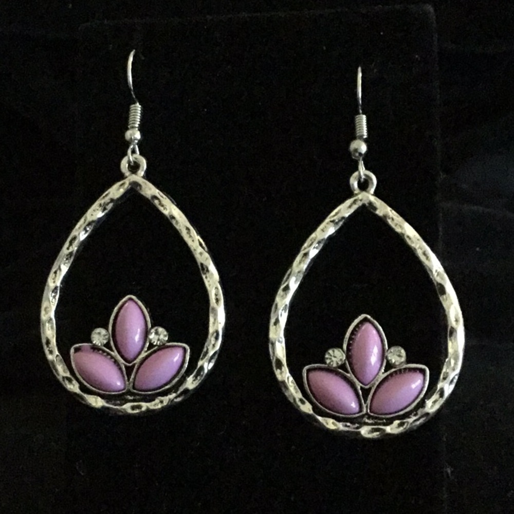SILVER TONE/PURPLE & RHINESTONE TEARDROP EARRINGS